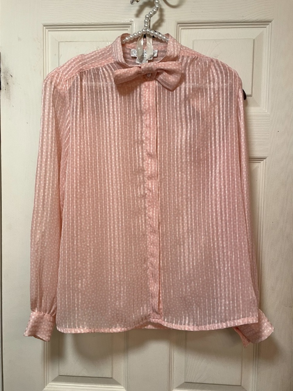 VTG La Chine Classic Galinda Wang Blouse 10 Pink Bow Sheer Polka Dot Long Sleeve